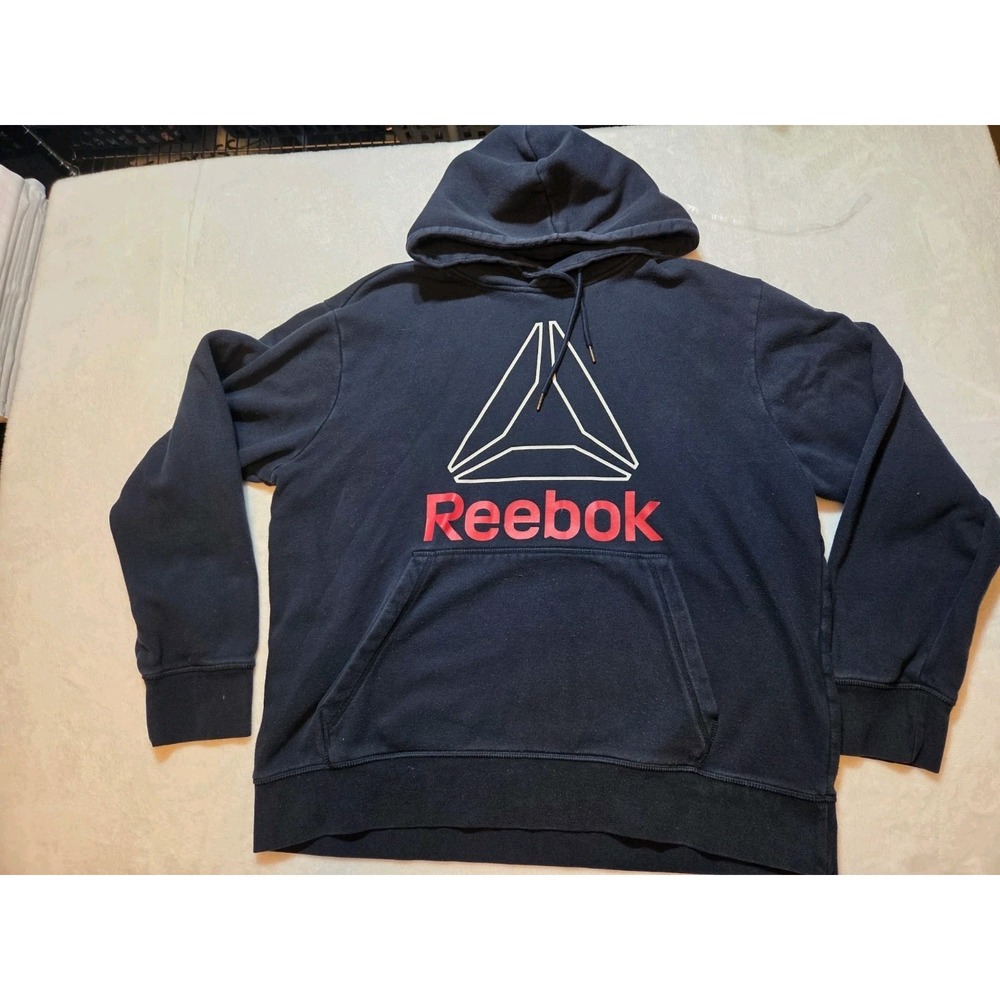 253. Reebok Logo Pullover Hoodie Men's Medium Navy Blue Fleece Sweatshirt...